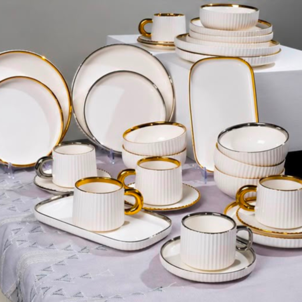 32PC White Gold Rim Premium Ceramic Dinner Set