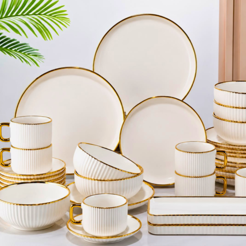 32PC White Gold Rim Premium Ceramic Dinner Set